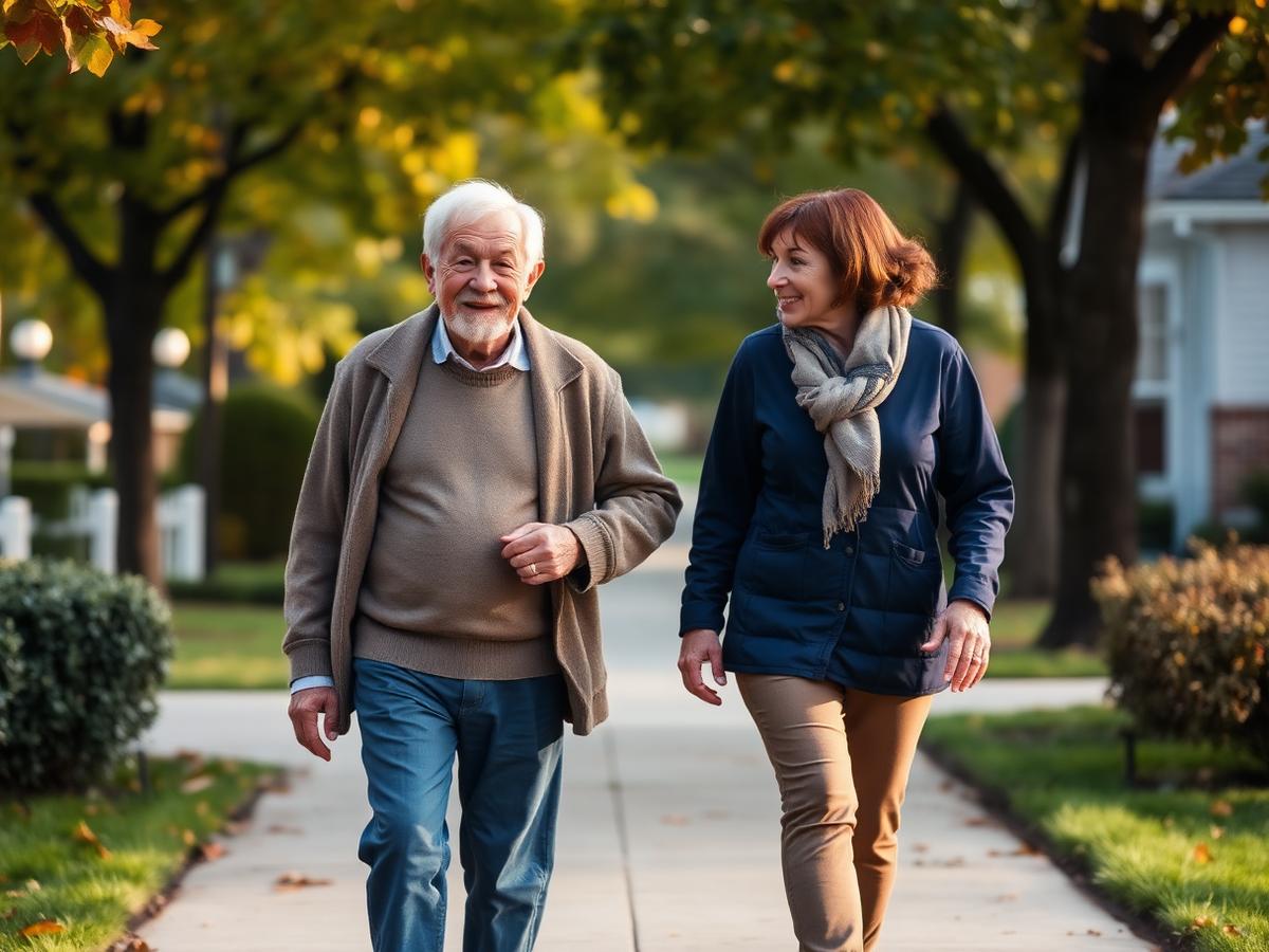 A caregiver walking outdoors with an older gentleman in a Nassau County neighborhood